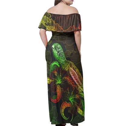 Hawaii Woman Off Shoulder Long Dress - Turtle With Blooming Hibiscus reggae