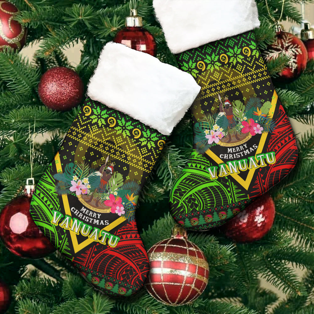 Vanuatu Polynesian Christmas Stocking - Vanuatu Coat of Arms Christmas Hat Polynesian Patterns Christmas Stocking