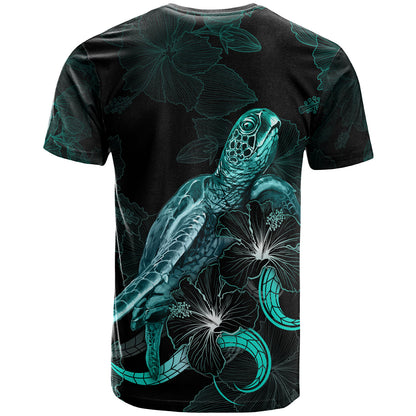 Guam Polynesian T-Shirt - Turtle With Blooming Hibiscus Turquoise