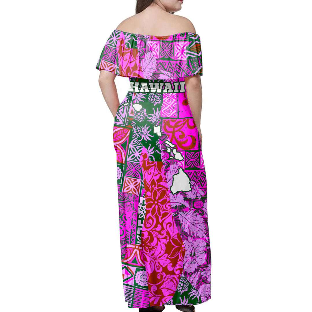 Hawaii Off Shoulder Long Dress Hawaiian style tapa fabric patchwork abstract vintage with Hawaii map