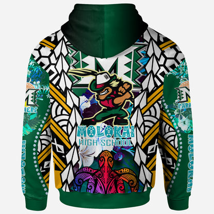 Hawaii Custom Personalised Hoodie - Moloka'i High School SuPER Farmer With Polynesian Sea Turtle And Hibiscus Tribal Patterns