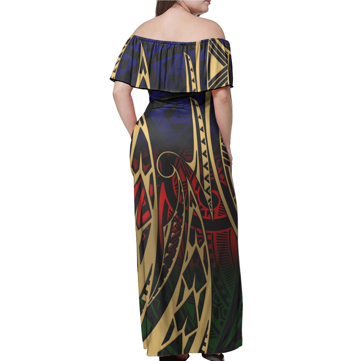 Polynesian Woman Off Shoulder Long Dress - Polynesian Design Pattern 02