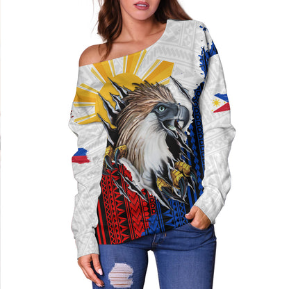 Philippines Filipinos Off Shoulder Sweatshirt Eagle Claws Scratching Grunge Style