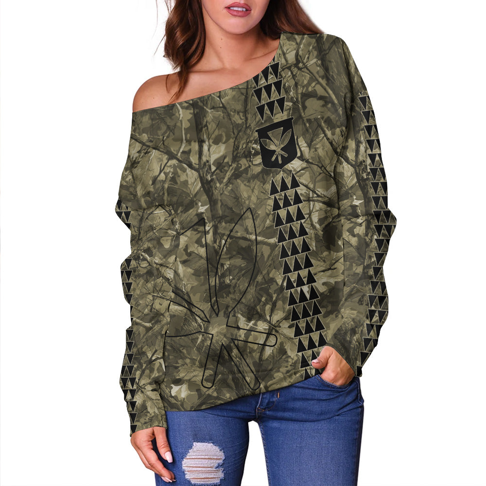 Hawaii Off Shoulder Sweatshirt Woodland Kanaka Camo Style