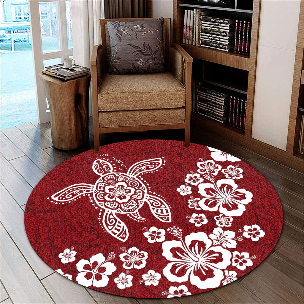 Hawaii Round Rug Tribal Hibiscus Flower Graphic Turtle Tatoo