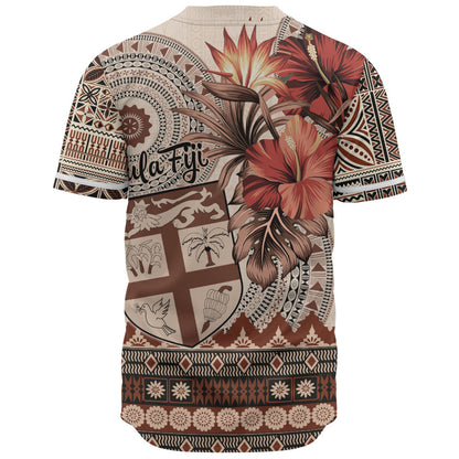 Fiji Baseball Shirt Bula Tribal Print Beige