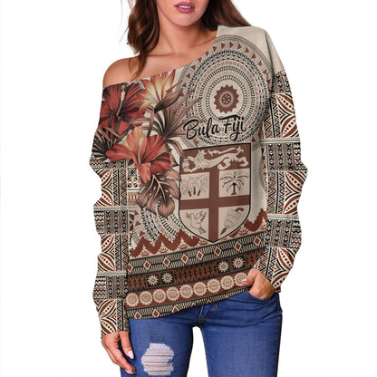 Fiji Off Shoulder Sweatshirt Bula Tribal Print Beige
