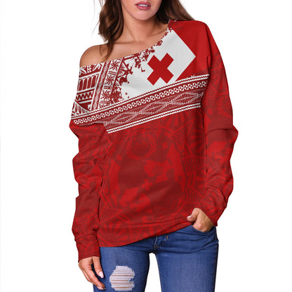 Tonga Off Shoulder Sweatshirt Flag Coat Of Arms Circle Ngatu Tribal