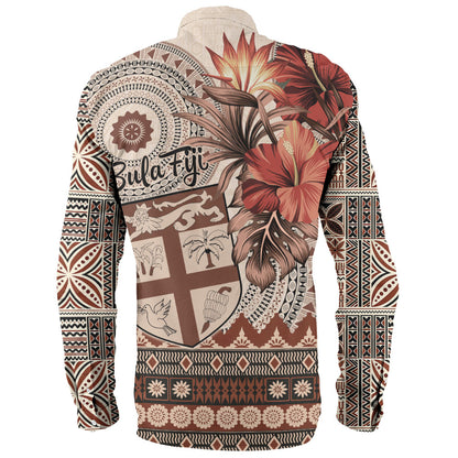 Fiji Long Sleeve Shirt Bula Tribal Print Beige