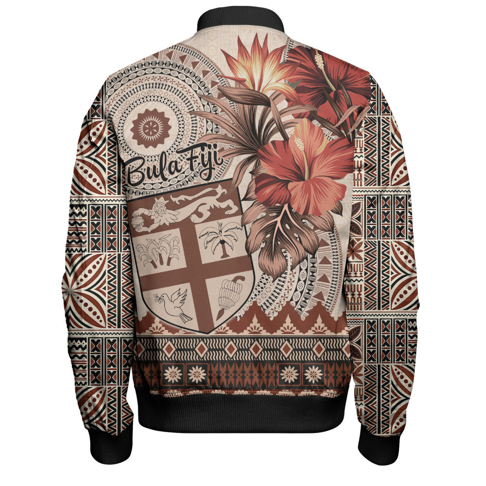 Fiji Bomber Jacket Bula Tribal Print Beige