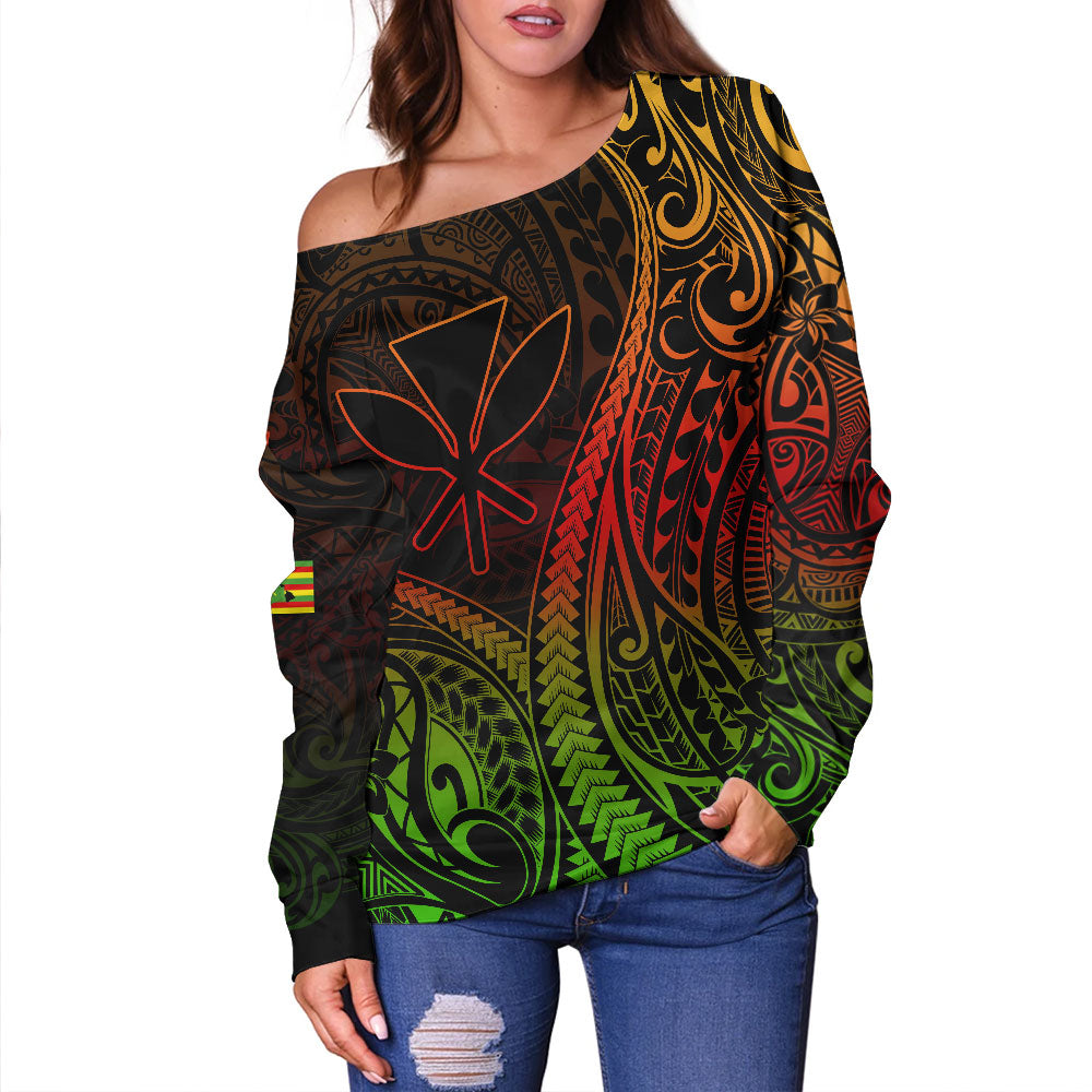 Hawaii Off Shoulder Sweatshirt Polynesian Tribal Tattoo Island Spirit Style