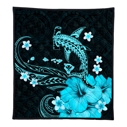 Hawaii Premium Quilt Kanaka Map And Shark Tribal Tattoo Turquoise
