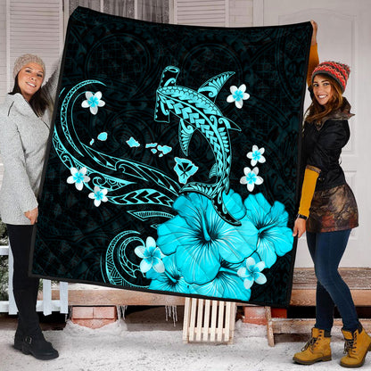 Hawaii Premium Quilt Kanaka Map And Shark Tribal Tattoo Turquoise