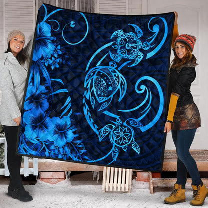 Hawaii Premium Quilt Hibiscus Flower And Map On The Back Turtle