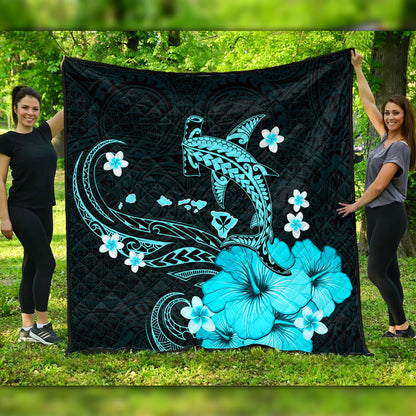 Hawaii Premium Quilt Kanaka Map And Shark Tribal Tattoo Turquoise