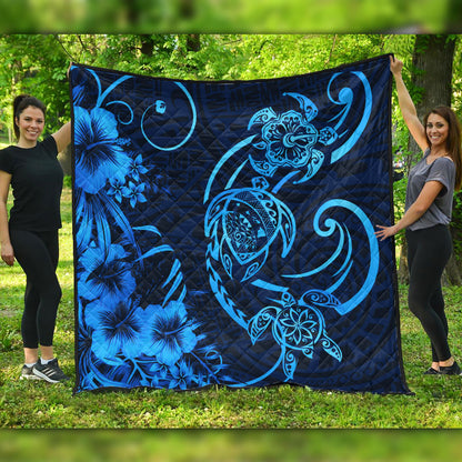 Hawaii Premium Quilt Hibiscus Flower And Map On The Back Turtle