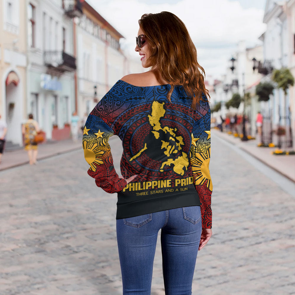 Philippines Filipinos Off Shoulder Sweatshirt Philippine Pride Three Stars and A Sun