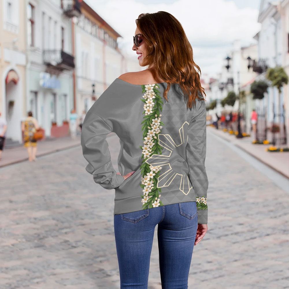 Philippines Filipinos Off Shoulder Sweatshirt Sampaguita Flower Sun Pattern Island Style