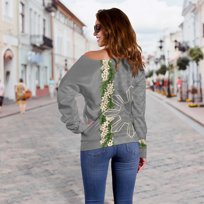 Philippines Filipinos Off Shoulder Sweatshirt Sampaguita Flower Sun Pattern Island Style