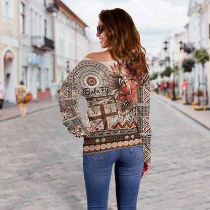 Fiji Off Shoulder Sweatshirt Bula Tribal Print Beige