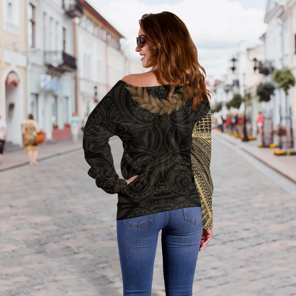 Samoa Off Shoulder Sweatshirt Tattoo Roman Reigns With Ula Fala Style Brown