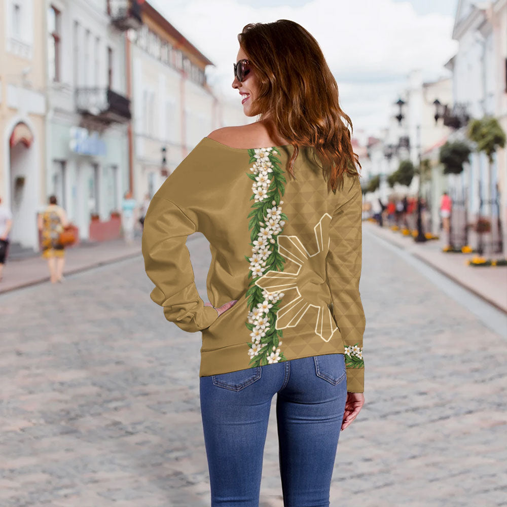 Philippines Filipinos Off Shoulder Sweatshirt Sampaguita Flower Sun Pattern Island Style
