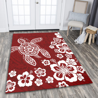 Hawaii Area Rug Tribal Hibiscus Flower Graphic Turtle Tatoo