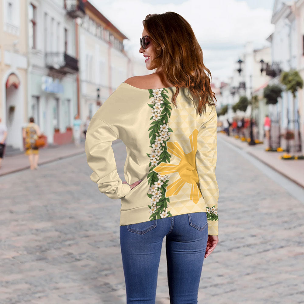 Philippines Filipinos Off Shoulder Sweatshirt Sampaguita Flower Sun Pattern Island Style