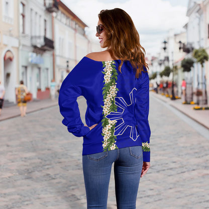 Philippines Filipinos Off Shoulder Sweatshirt Sampaguita Flower Sun Pattern Island Style