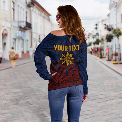 Philippines Filipinos Off Shoulder Sweatshirt Golden Sun Islands Tribal Style