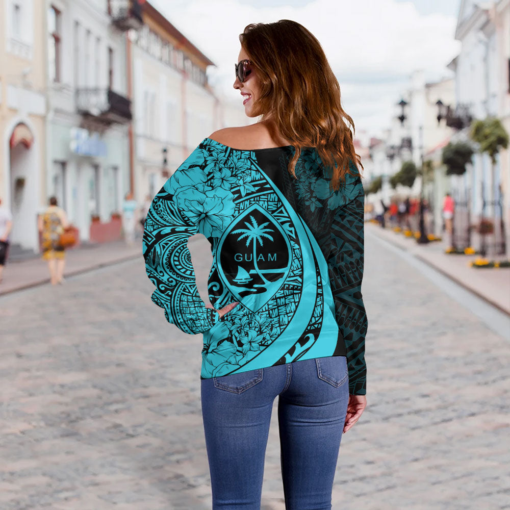 Guam Off Shoulder Sweatshirt Custom Hibiscus Flower Symbols Style