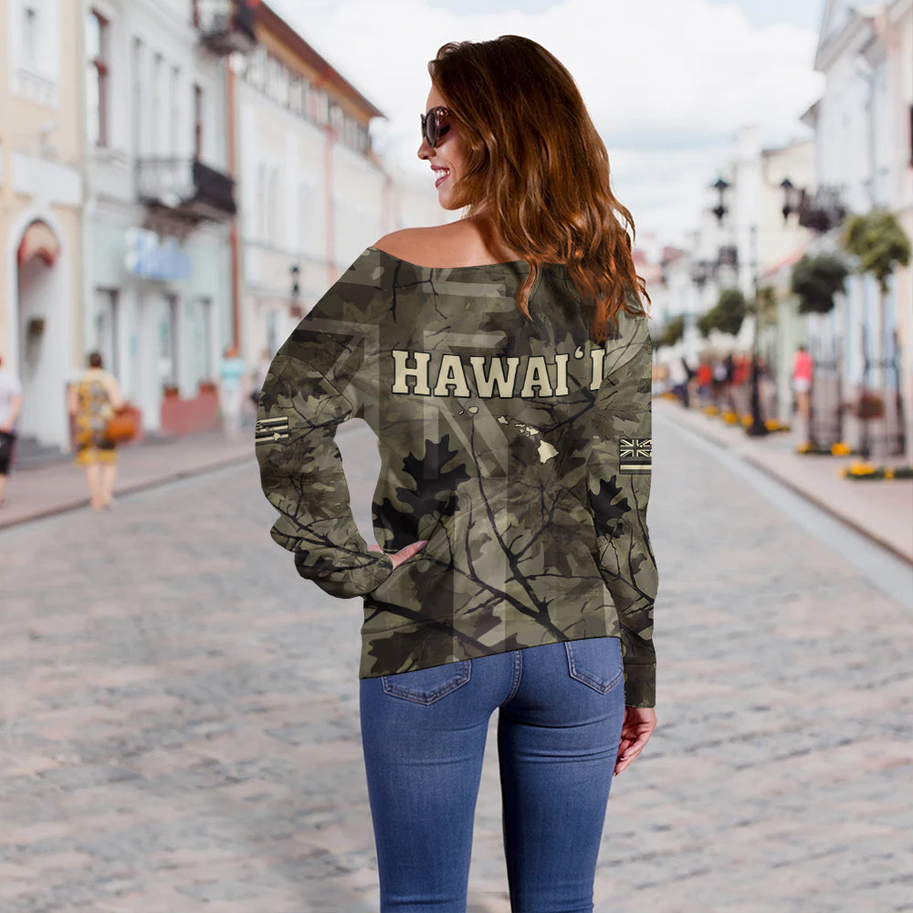 Hawaii Off Shoulder Sweatshirt Tribal Kakau Camouflage Green