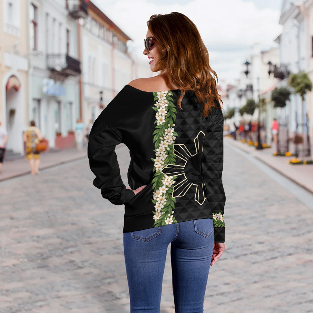 Philippines Filipinos Off Shoulder Sweatshirt Sampaguita Flower Sun Pattern Island Style