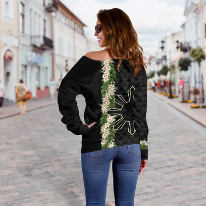 Philippines Filipinos Off Shoulder Sweatshirt Sampaguita Flower Sun Pattern Island Style