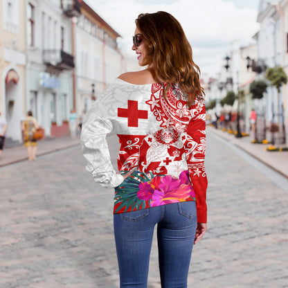 Tonga Off Shoulder Sweatshirt Flag Tribal Tropical Style