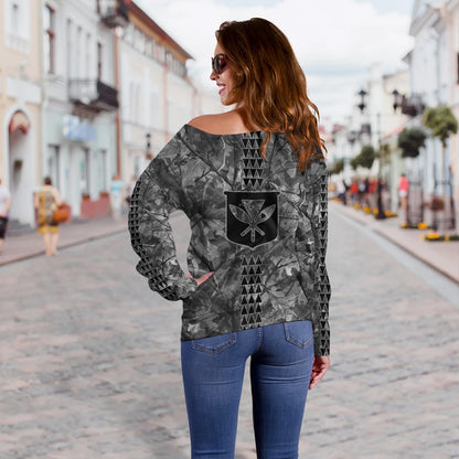 Hawaii Off Shoulder Sweatshirt Woodland Kanaka Camo Style