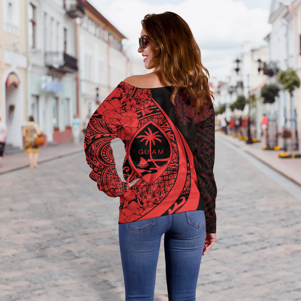 Guam Off Shoulder Sweatshirt Custom Hibiscus Flower Symbols Style