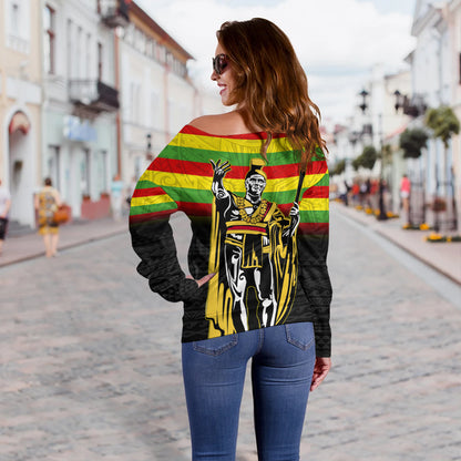 Hawaii Off Shoulder Sweatshirt King Kamehameha Flag Kanaka Maoli Tribal Tattoo
