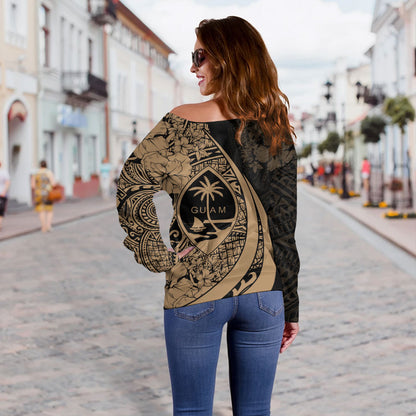 Guam Off Shoulder Sweatshirt Custom Hibiscus Flower Symbols Style
