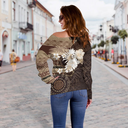 Samoa Off Shoulder Sweatshirt Siapo Motif Print Fabric