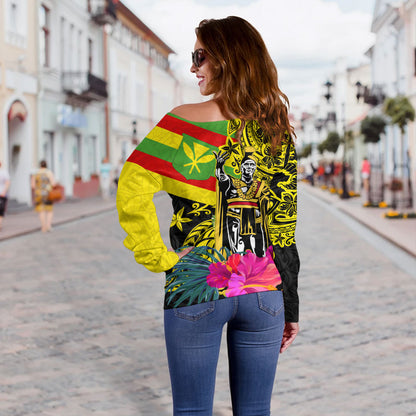 Hawaii Off Shoulder Sweatshirt Kanaka Maoli King Flag Tribal Tropical Style