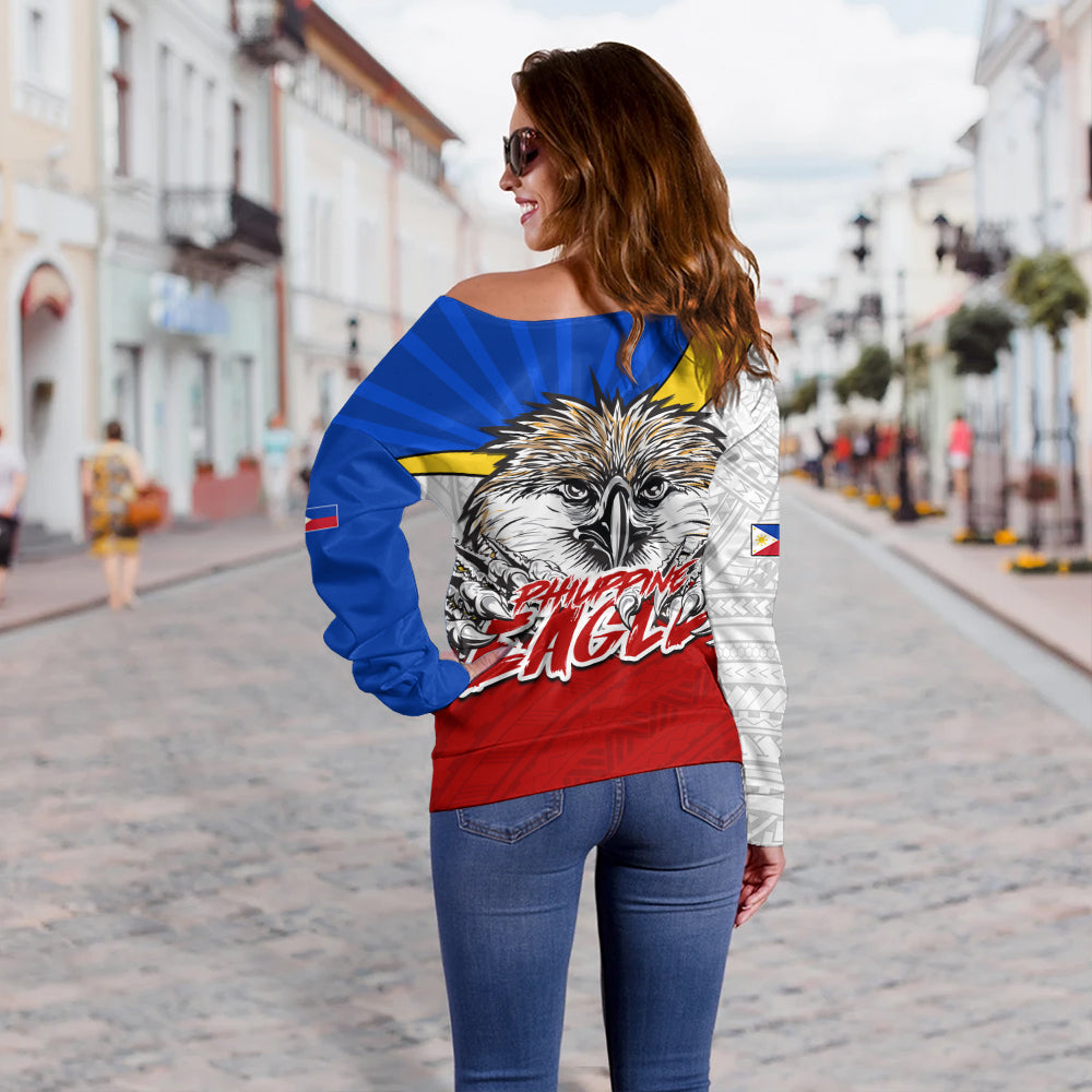Philippines Filipinos Off Shoulder Sweatshirt Tribal Tattoo Flag Eagle Animal