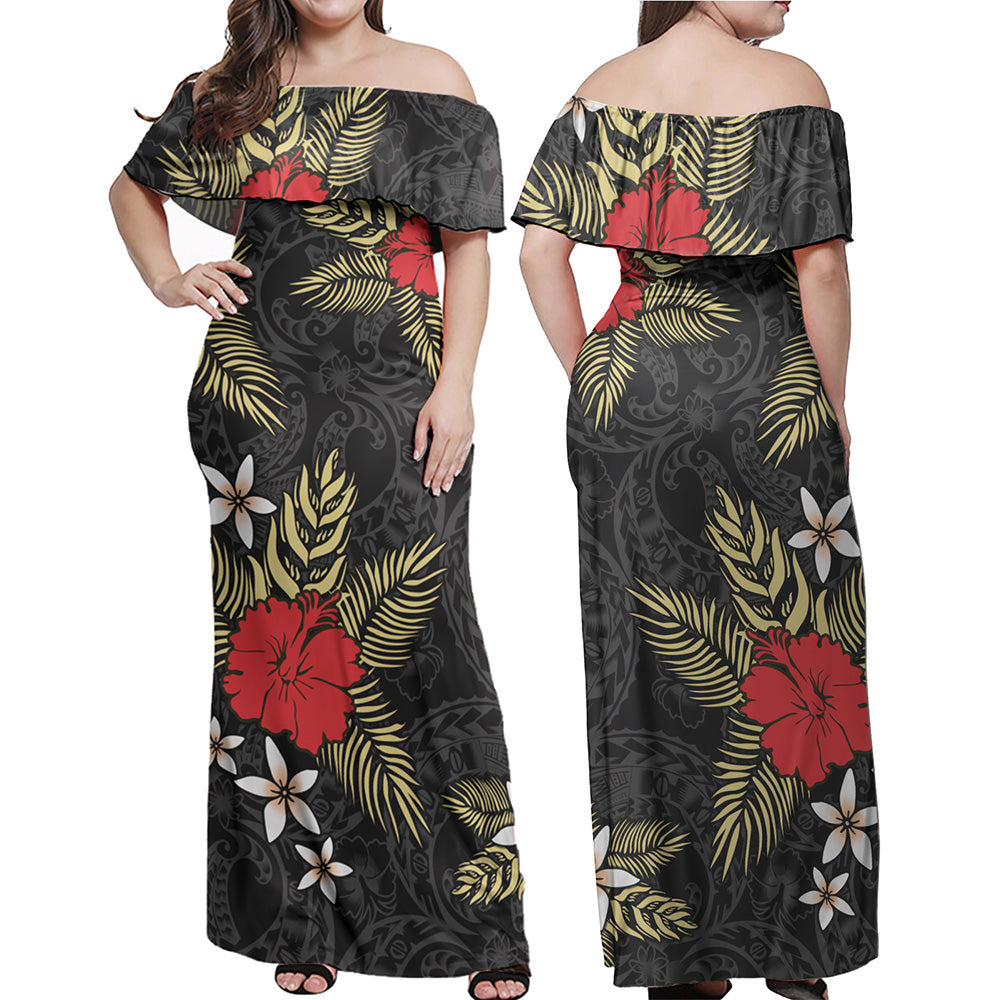Polynesian Off Shoulder Long Dress Hibiscus Plumeria Flowers Polynesian Tribal Motif Patterns