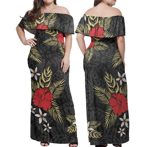 Polynesian Off Shoulder Long Dress Hibiscus Plumeria Flowers Polynesian Tribal Motif Patterns