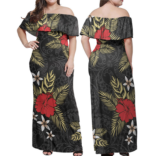 Polynesian Off Shoulder Long Dress Hibiscus Plumeria Flowers Polynesian Tribal Motif Patterns