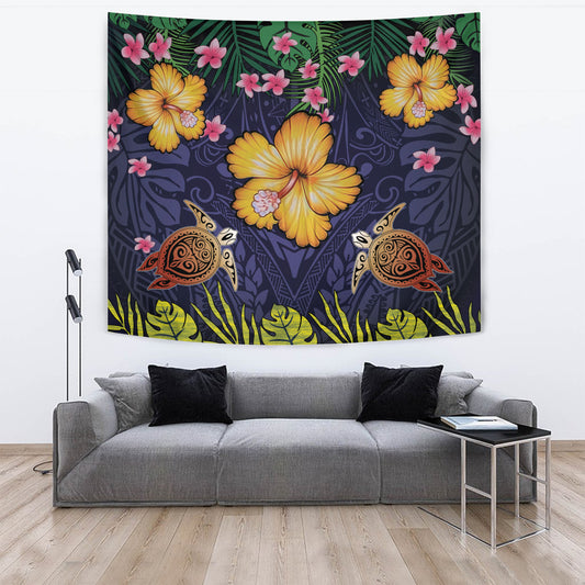 Hawaii Tapestry Polynesian Patterns Turtle Couple Hibiscus Plumeria Flowers