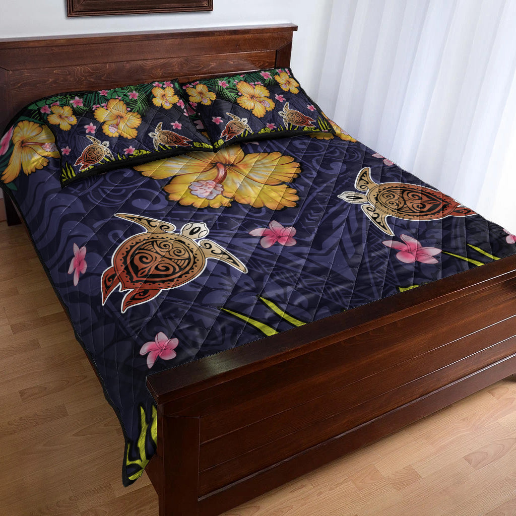 Hawaii Quilt Bed Set Polynesian Patterns Turtle Couple Hibiscus Plumeria Flowers