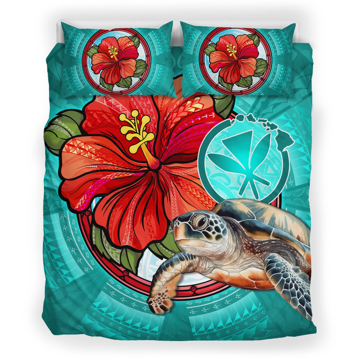 Hawaii Bedding Set Hawaiian Map Turtle Hibiscus Flowers Polynesian Patterns Style