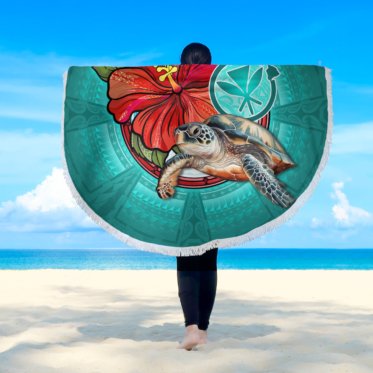 Hawaii Beach Blanket Hawaiian Map Turtle Hibiscus Flowers Polynesian Patterns Style