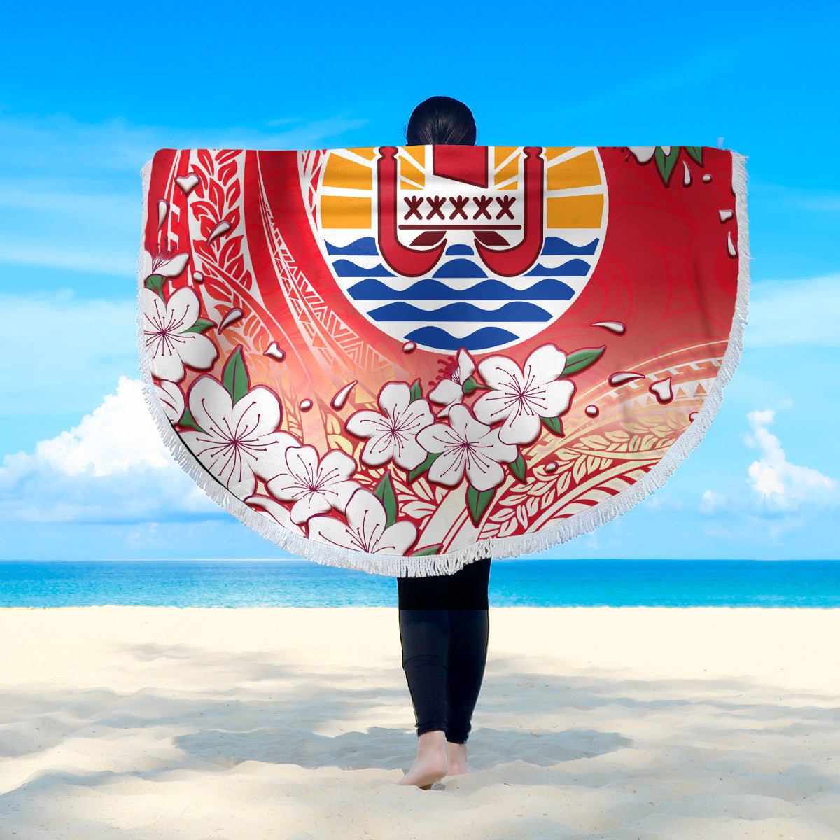 Tahiti Beach Blanket Polynesian Pattern Style White Flowers